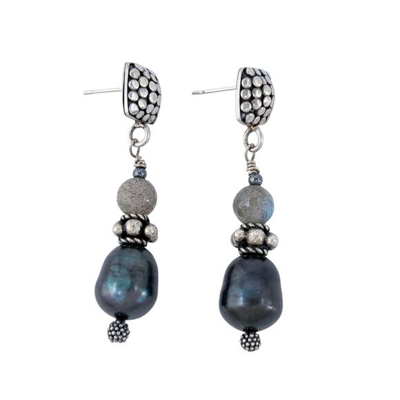 Estate Sterling Silver 925 Pebble Square Black Pearl Labradorite Drop Earrings - Picture 5 of 8